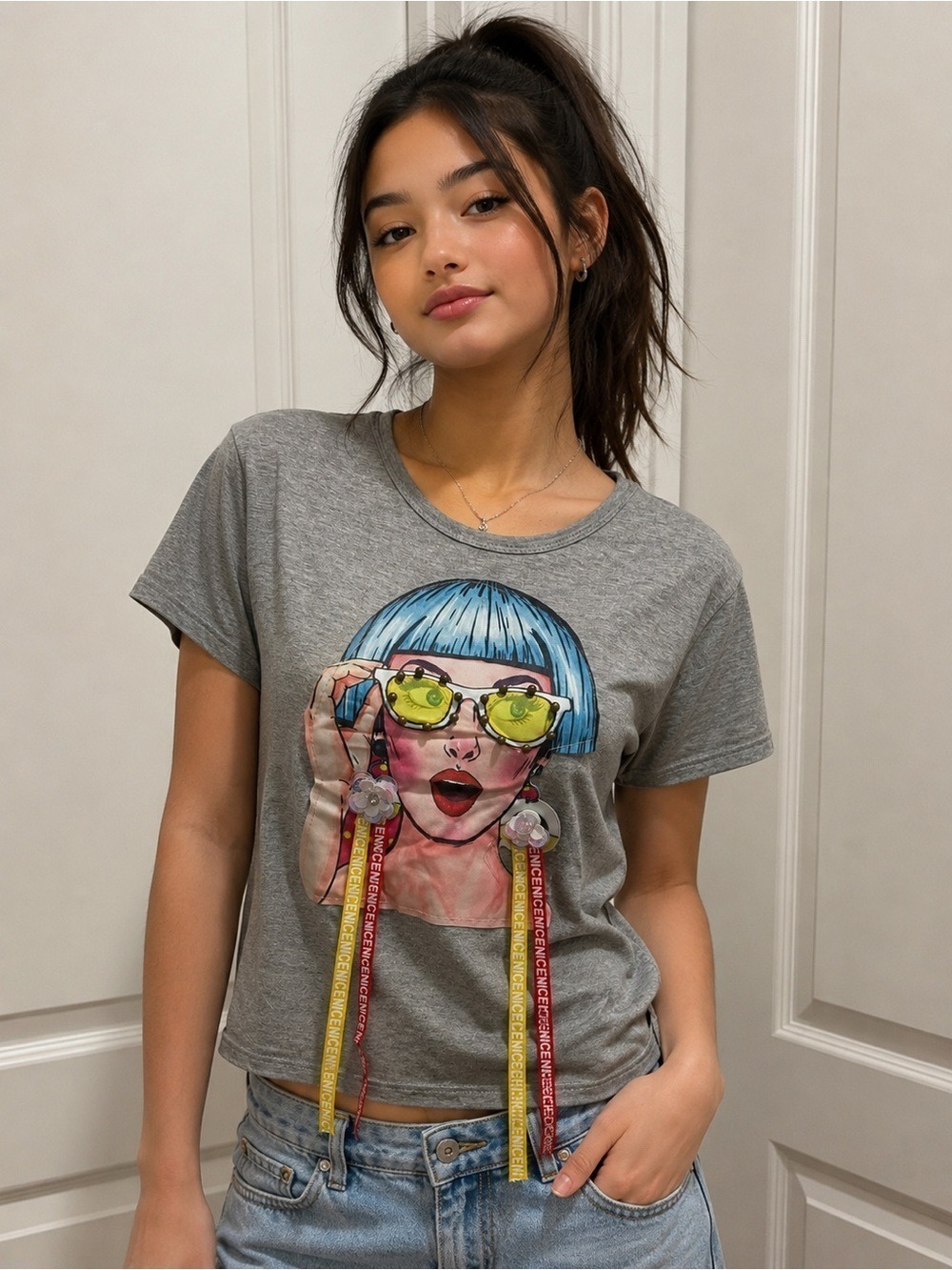 GRAY SHIRT WITH FUN POP UP GIRL DESIGN